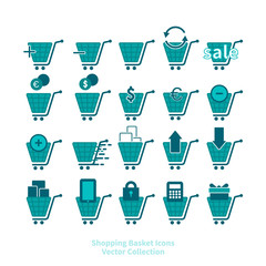 Shopping basket icons vector set for web and print, online shop symbols, in blue and white.