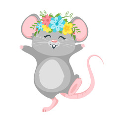 Cute mouse wearing wreath cartoon vector character