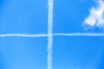 White trail of the plane in the sky, inversion, imagine.
