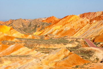 Brightly colored sandstone mountains in China