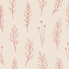 Hand drawn floral seamless pattern. Vector background with leaves and flowers