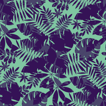 Complex tropical foliage silhouette seamless pattern