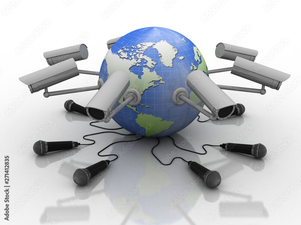 Poster 3d rendering surveillance cctv security camera connected globe with microphone