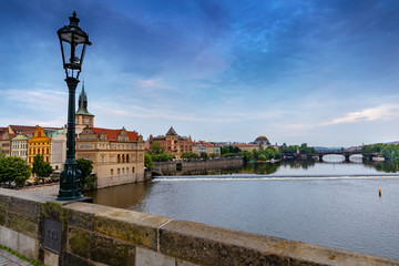 view to the Prague old town and Vltava river from Charles bridge