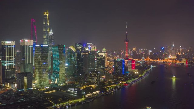 hyperlapse Aerial drone scene timelapse skyline of Shanghai China at night