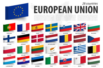 European union flag and member . Sticky note design . Europe map background . Vector .