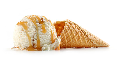 ice cream and waffle cone on white backgrouns