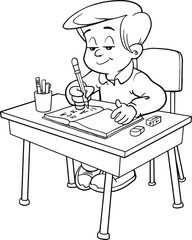 school boy sitting on table