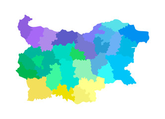 Vector isolated illustration of simplified administrative map of Bulgaria. Borders of the regions. Multi colored silhouettes