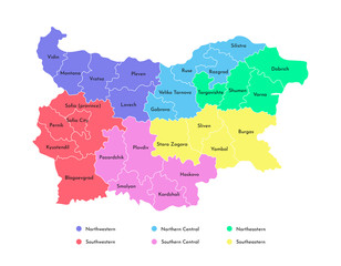 Vector isolated illustration of simplified administrative map of Bulgaria. Borders and names of the northern, south, eastern and west regions. Multi colored silhouettes