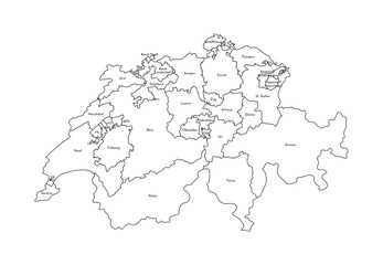 Vector isolated illustration of simplified administrative map of Switzerland. Borders and names of the regions. Black line silhouettes