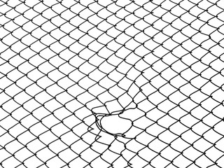 silhouette wire mesh of fence with hold of damage