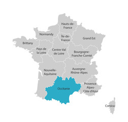 Vector isolated illustration of simplified administrative map of France. Blue shape of Occitanie. Borders of the provinces (regions). Grey silhouettes. White outline