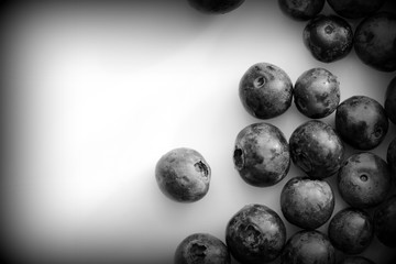 Fresh blueberry on a white plate close up. Top view black and white