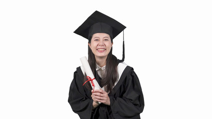 Graduate female student wearing graduation hat and gown isolated on white background. happy new fresh woman finish education university going to work hope future trend. college girl showing diploma