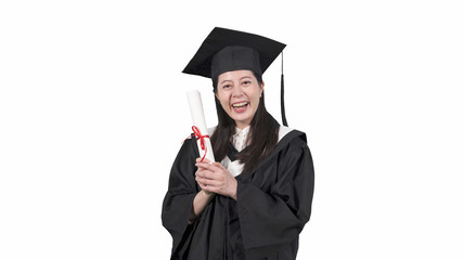 Graduation student commencement university degree concept. positive young college girl face camera smiling cheerful holding diploma proud excited laughing finish education. asian woman on white wall