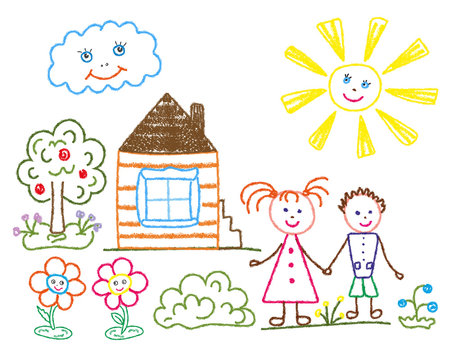 Children's pencil drawing on the theme of summer, friendship, family. Vector image