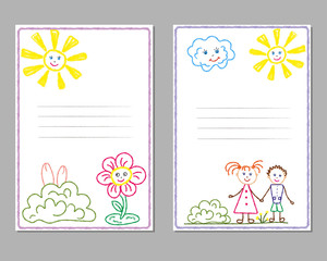 Cards with children's pencil drawings, with the image of the sun, children, flowers, friendship. Vector.