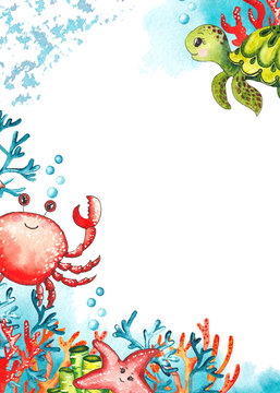 Watercolor children's baby shower frames with underwater creatures: whale, turtle, crab, octopus, starfish, narwhal, jellyfish, seaweed, corals, shells for baby shower, shirt design, invitations