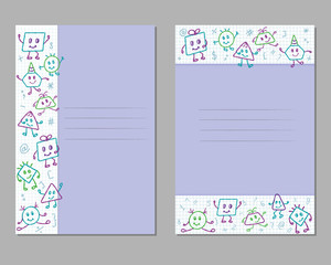 Cards with children's pencil drawings on a checkered sheet, monsters, emotions, poses. Vector.