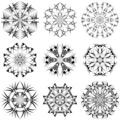 Abstract creative snowflakes, geometric black and white pattern, christmas and winter holiday design elements, vector illustration.