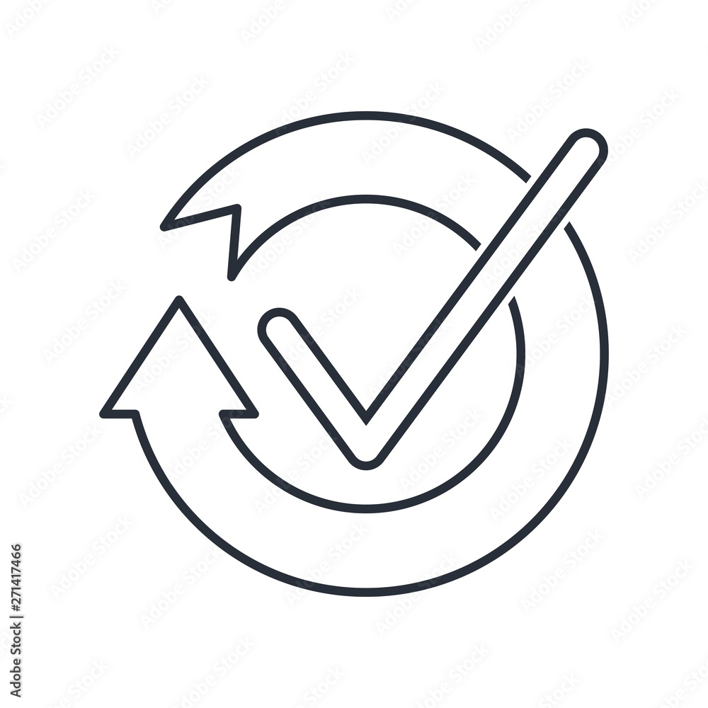 Poster flat linear icon of cyclic rotation, recycling recurrence, renewal, with check mark.