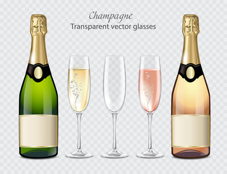 Transparent vector glasses and bottles of champagne and empty glass
