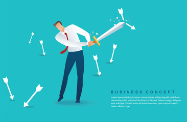 businessman holding sword to protecting arrow down vector illustration