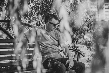 Mature European man with a sad philosophical mood. The concept of life after 50 years, problems and...