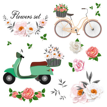 Beautiful flowers set. Bike and scooter with roses. Flat lay, top view. Vector illustration