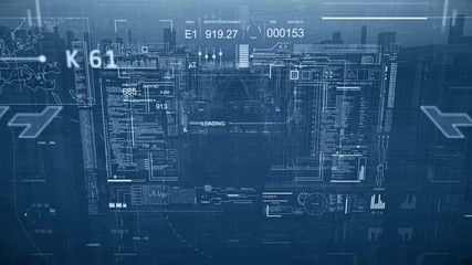 User Interface HUD.Technological intro.Flight over computer futuristic cityscape cyber city.Cyty on HUD with digital infographic elements.Blue.Type 2 - Powered by Adobe