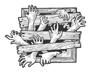 Zombie hands are trying to get through boarded window sketch engraving vector illustration. Scratch board style imitation. Black and white hand drawn image.