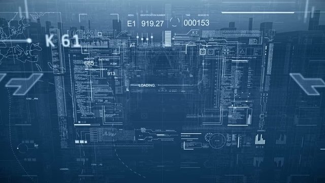 User Interface HUD.Technological intro.Flight over computer futuristic cityscape cyber city.Cyty on HUD with digital infographic elements.Blue.Type 2