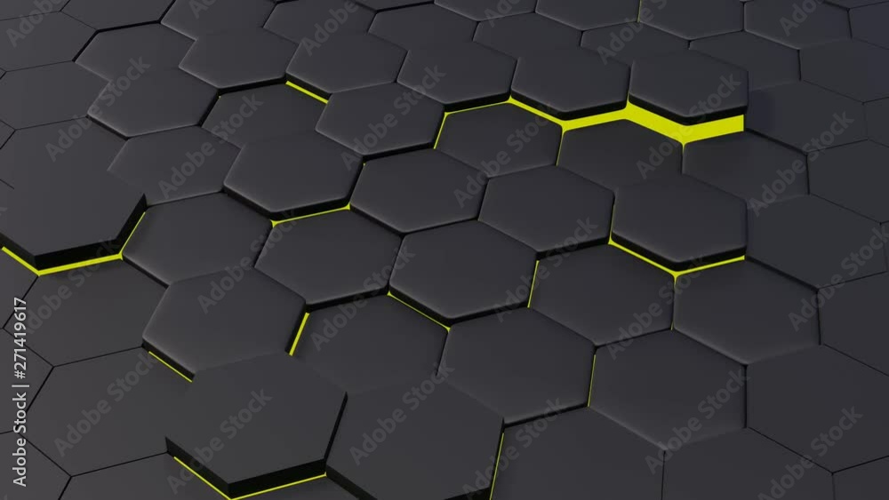 Poster 3d animation of abstract  modern background honeycomb pattern with yellow light on bottom