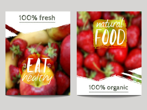 Vector brochure design template with blur background with fruits and eco labels. Healthy fresh food, vegetarian, eco concept. Can be used for presentation, web, flyer, magazine, cover, poster