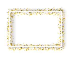 Vector decorative square frame with glitter tinsel of confetti. Glowing festive border with shiny sparkles and golden elements