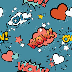 Seamless vintage  pattern for gift wrap and fabric design with pop art signs and comic cartoon bubbles