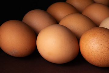Brown chicken eggs in a row on a two-color background.