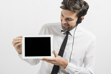 Call center agent presenting tablet template