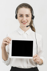 Call center agent presenting tablet template