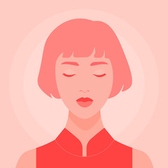 Portrait of an Asian girl with closed eyes. Meditation and relaxation. Harmony. Vector flat illustration