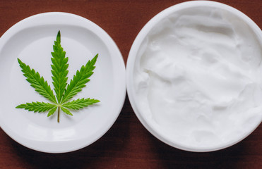 Moisturizing hemp hand cream in dose with green cannabis leaf. Cannabis cosmetics. Cream from biological and ecological plants of hemp vegetable pharmaceutical oil CBD