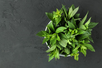 Mint. Leaves and branches of fresh green wild mint in a bowl blackboard on a black concrete table....