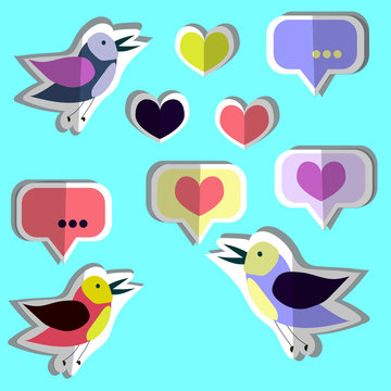 Vector collection, set of cute birds, hearts, stickers,icons. Paper flat design