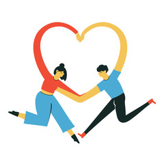 Isolated vector illustration with cartoon adult couple of man and woman who hugs and makes heart sign by hands.