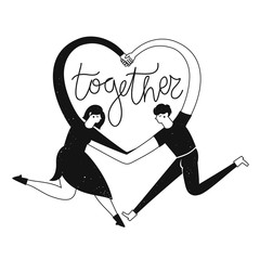 Isolated vector illustration with cartoon adult couple of man and woman who hugs and makes heart sign by hands. Together - calligraphy word
