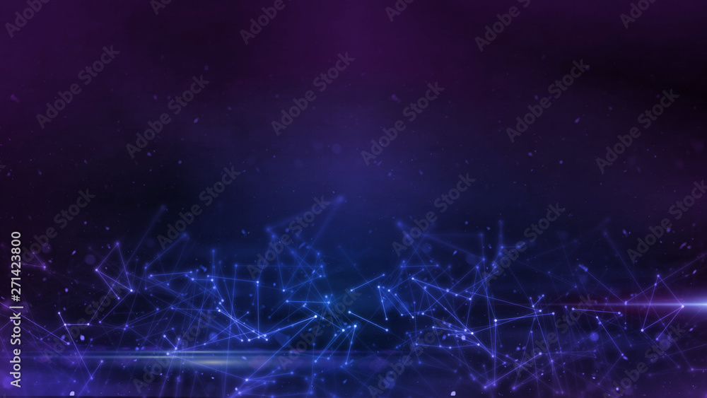 Poster 3d rendering of abstract polygonal space low poly network nodes with connected dots and lines on dar