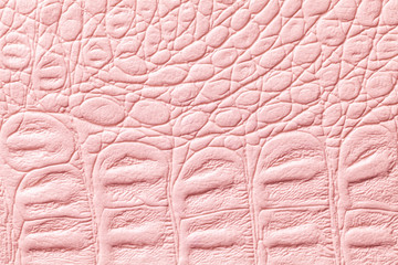 Light pink leather texture background, closeup. Reptile skin, macro.