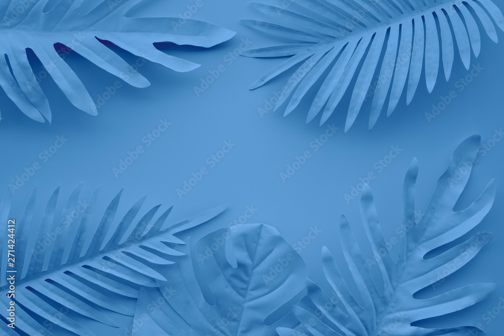 Wall mural collection of tropical leaves,foliage plant in blue color with space background