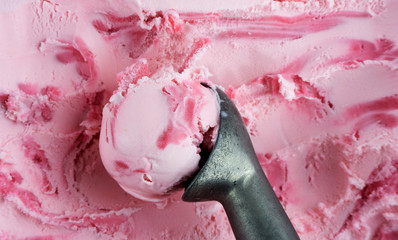 Closeup Scooping ice cream Strawberry, Top view Blank for design..